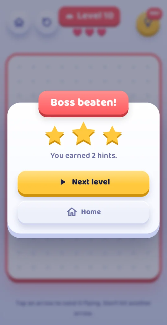 Boss beaten dialog with three stars and 2 hints earned