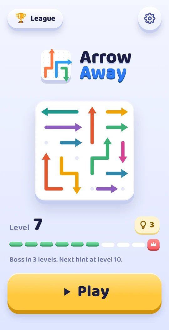 Arrow Away home screen with a live demo board, level, hints and the Play button
