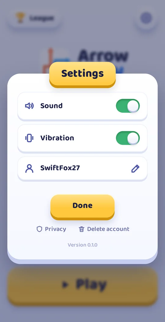 Settings with sound, vibration, player name and Google sign-in